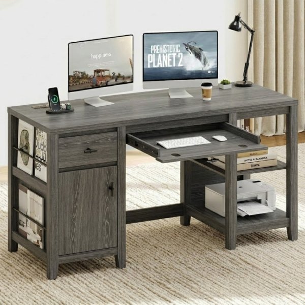 Nesture Grove 58-Inch Office Desk with Drawers, Keyboard Tray and Storage Shelves - Dark Grey