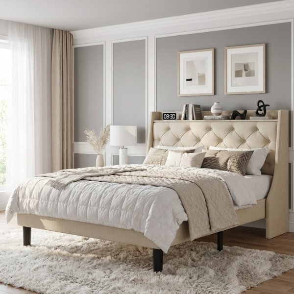 King Size Upholstered Bed Frame with Tufted Headboard and Storage Shelf