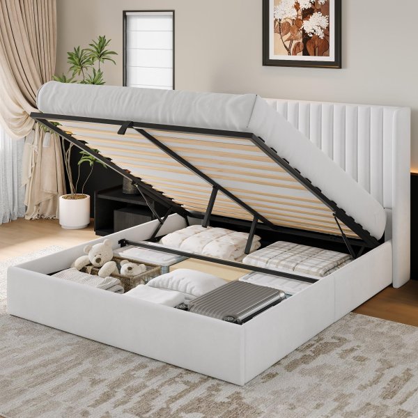 Velvet Upholstered Hydraulic Lift up Storage Bed Frame with Wingback Headboard -Queen Size (White)