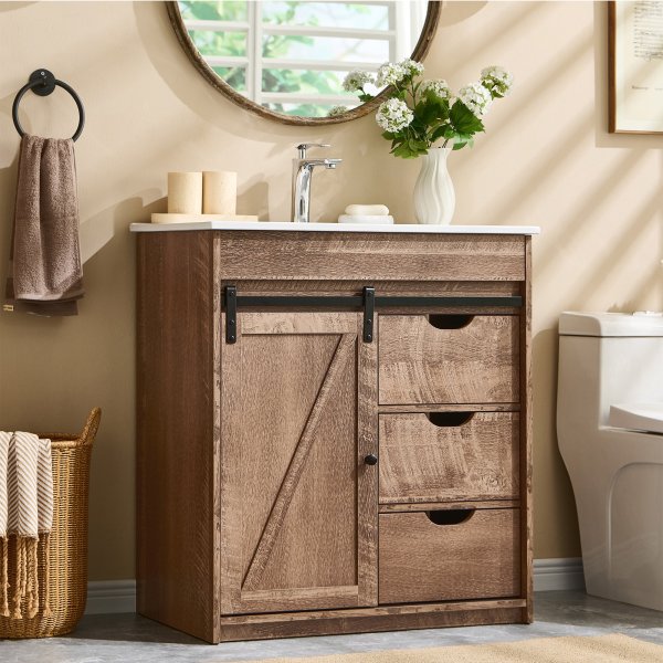 30" Freestanding Farmhouse Bathroom Vanity with Sink - Brown