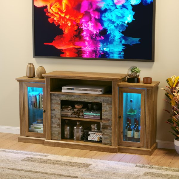 59 inch TV Stand, Farmhouse Entertainment Center with LED Lighted Display Cabinets, Console Table with Faux Flat Stone Texture for Living Room Bedroom,Antique Pine