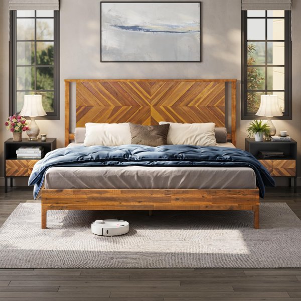 14" Vivian Deluxe Platform Bed Framewith headboard & Solid Acacia Wood- King size