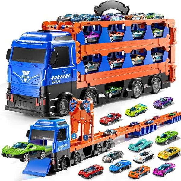 PEADUCK Toy Truck, 78-Inch Race Track Transport Vehicle and 12 Die-Cast Metal Toy Cars