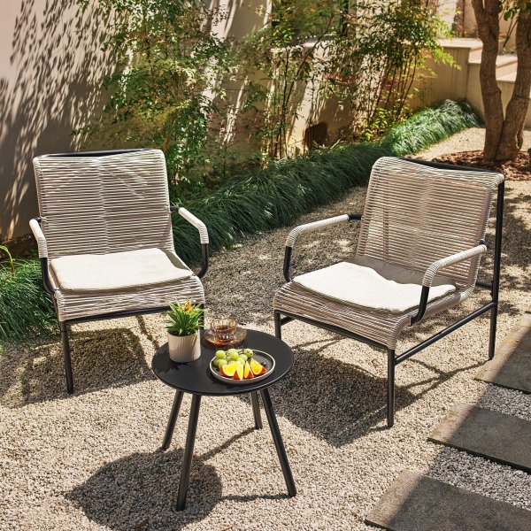 EAST OAK 3-Piece Patio Furniture Set, Outdoor Bistro Set with PE Rattan Wicker Wide Chairs, Soft Pads & Coffee Table, Apricot Color