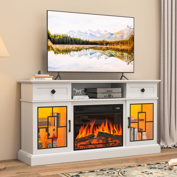 60 " Fireplace TV Stand -White-LOG - ADB-011